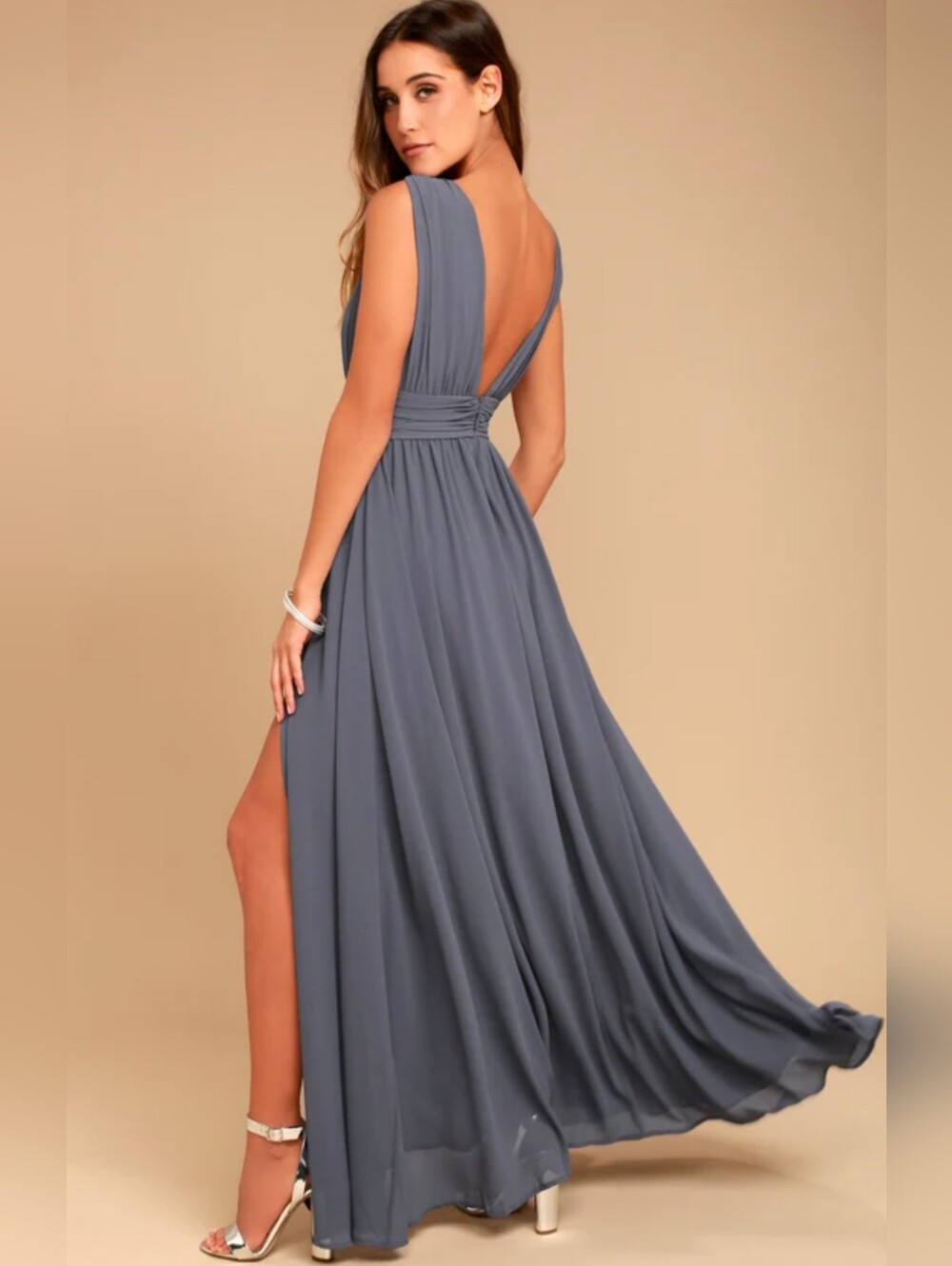 Lulus Chiffon Sheer Formal Wedding Guest Party Events Side Slit Zip Maxi Dress